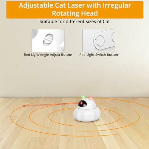 Adjustable cat laser toy with rotating head on wooden floor.