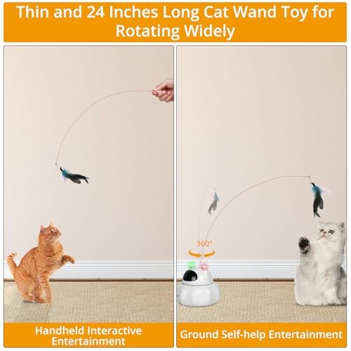 Two cats playing with interactive wand toys, handheld and self-help versions.