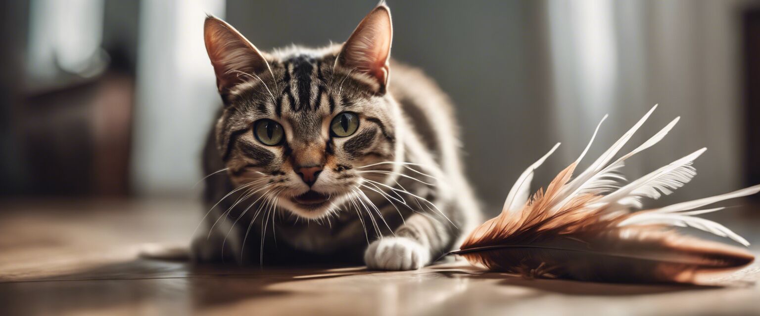 Cat pouncing on feather mouse toy