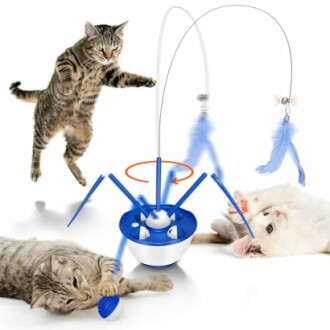 Cats playing with an interactive toy with feathers.